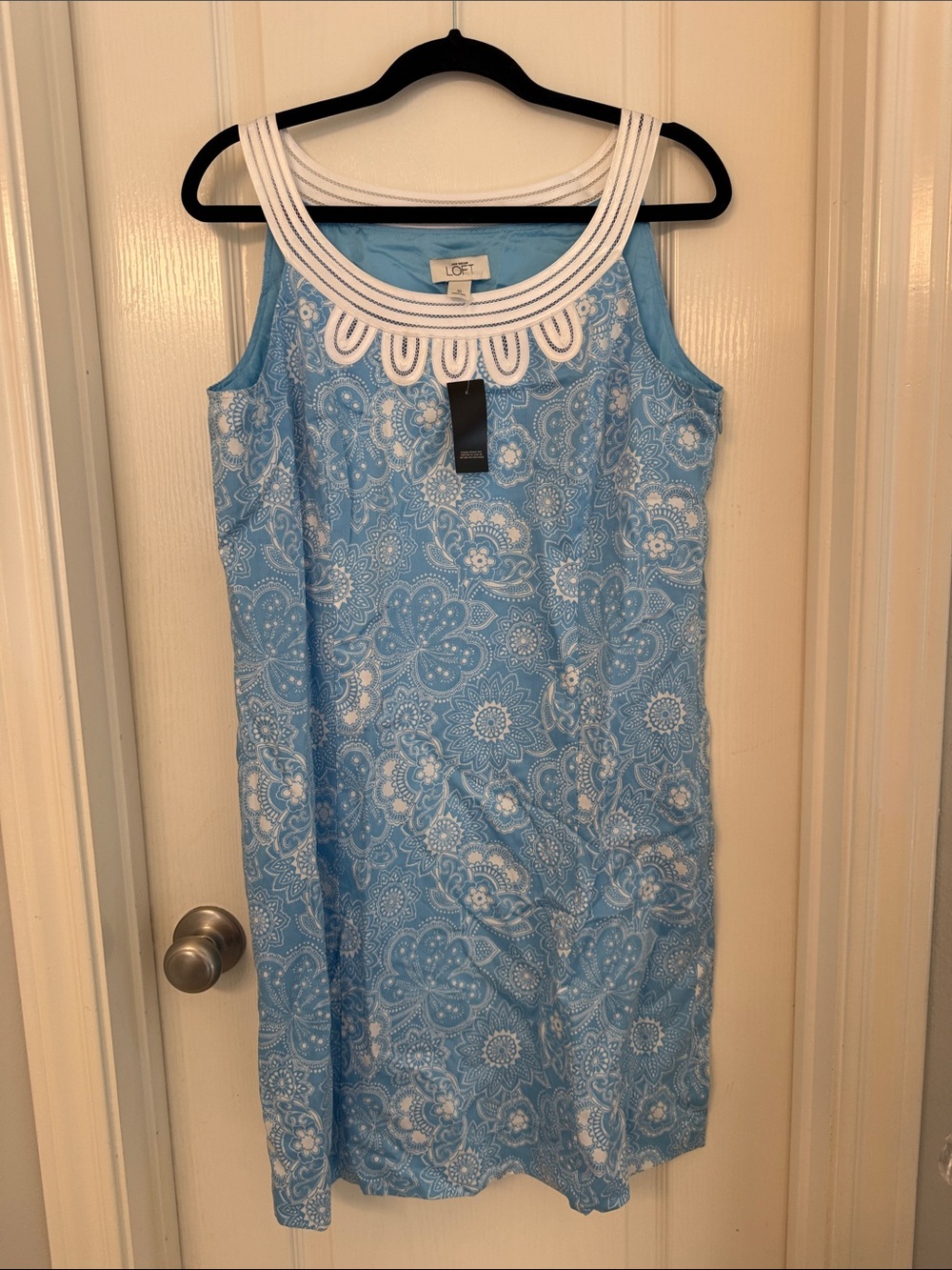 LOFT Light Blue Paisley Sleeveless Dress with White Embroidered Neckline